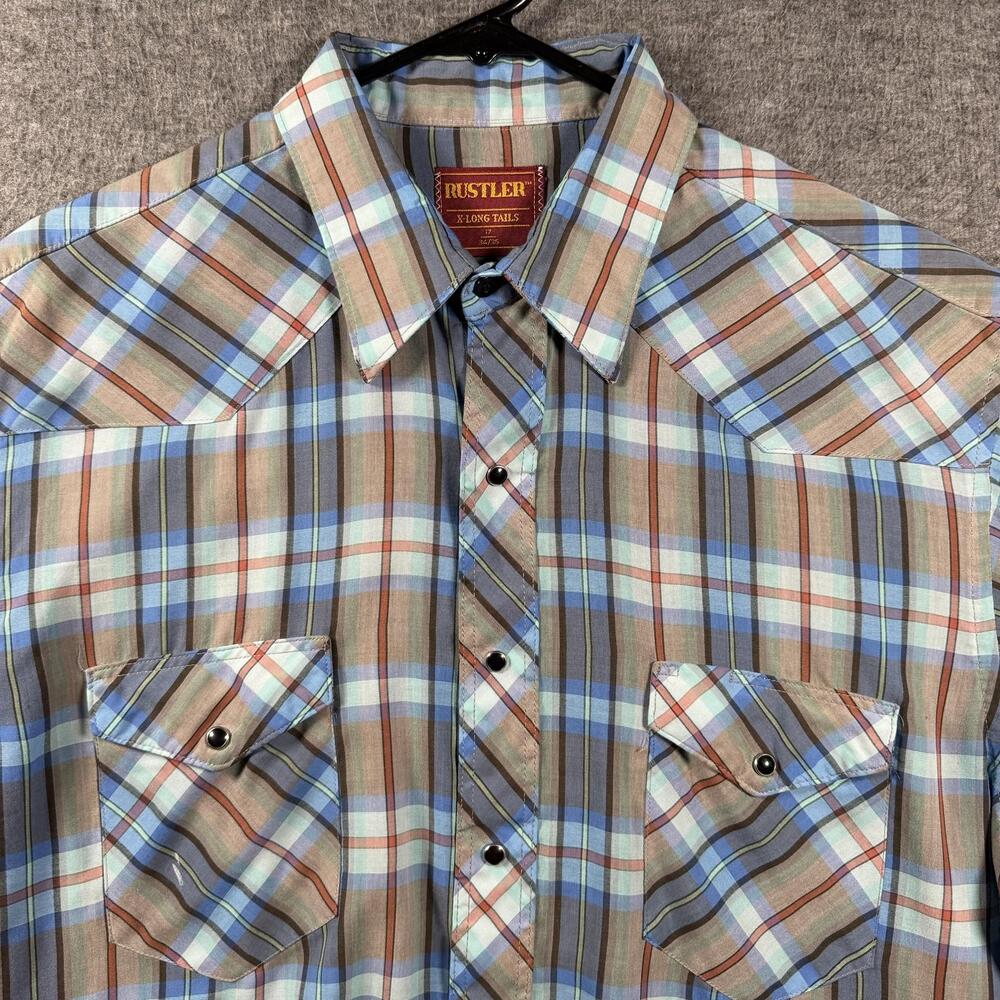 Vintage Rustler Shirt Mens XL Multicolor Plaid Western Pearl Snap Long Sleeve